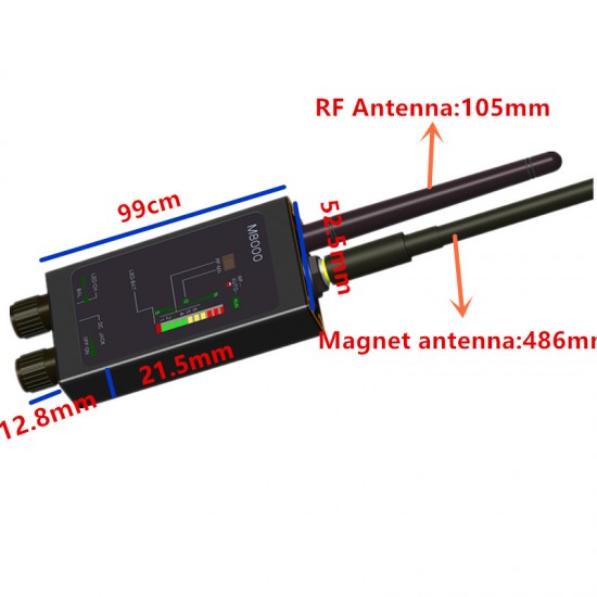 Profesionálny rádiový detektor (1MHz-12000MHz – WiFi, GPS, GSM, 3G, 4G, RF, audio, video) proti špionáži s dlhou magnetickou LED anténou